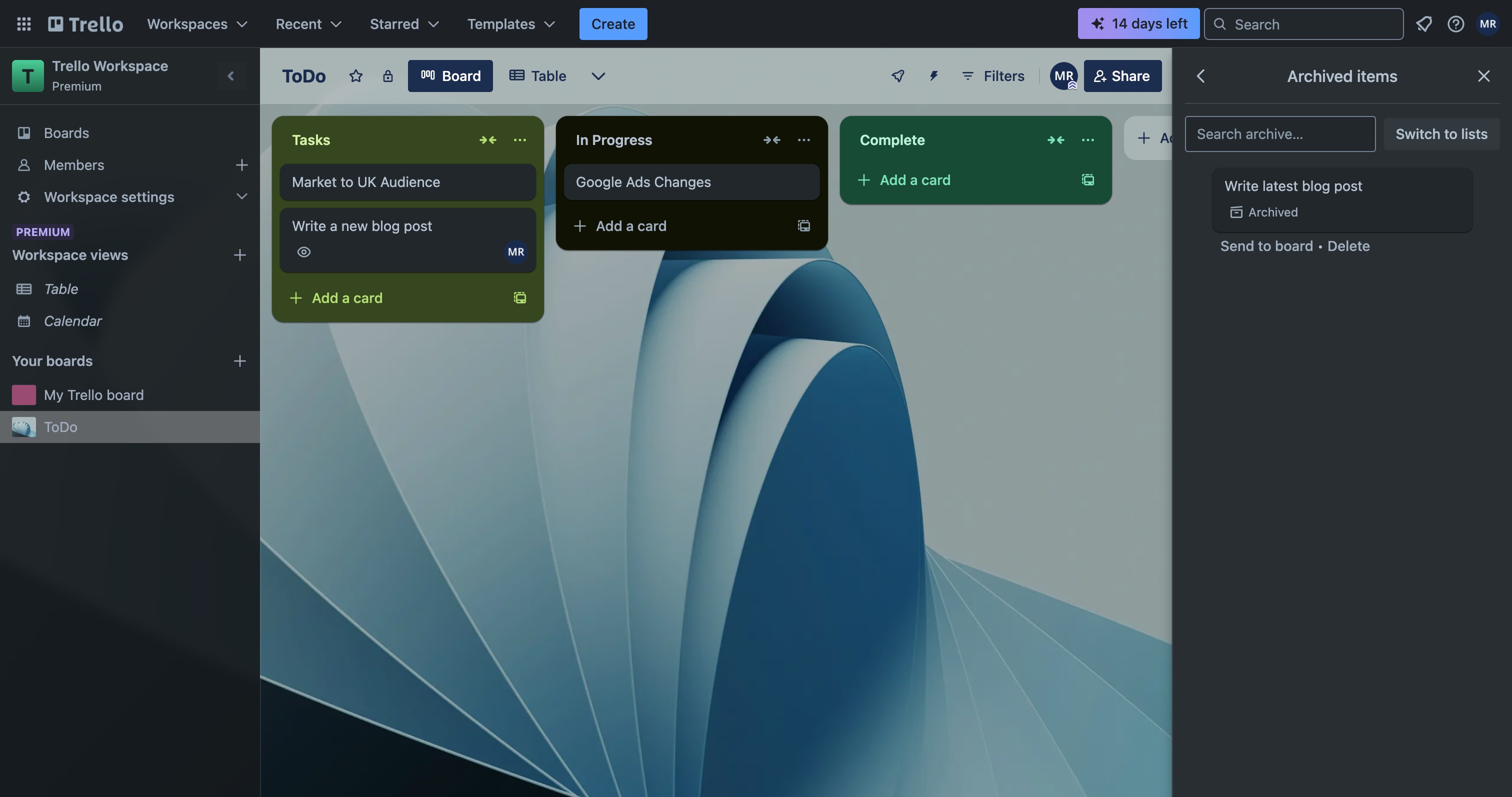 Trello board menu with Archived items option