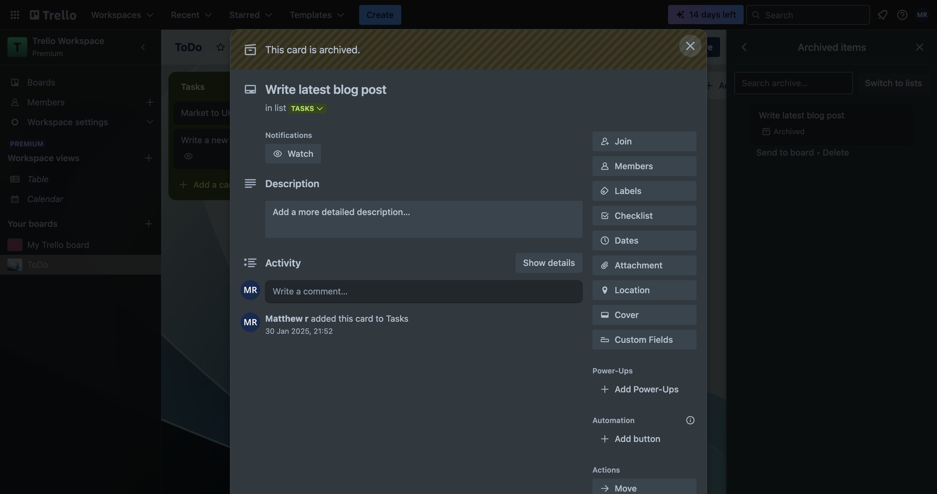 Trello Archived items panel with a search field and card list