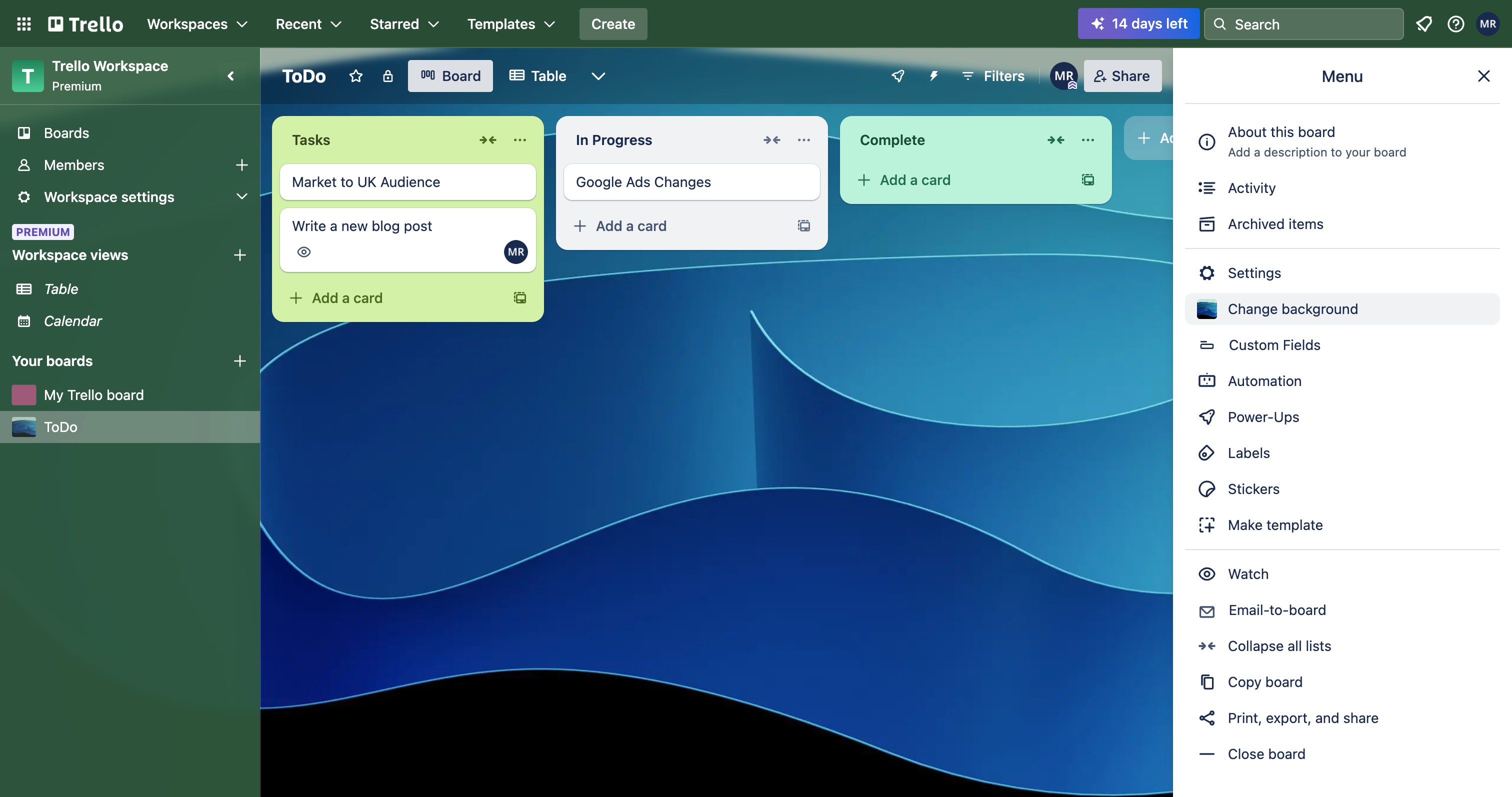 Trello board menu with Change background option