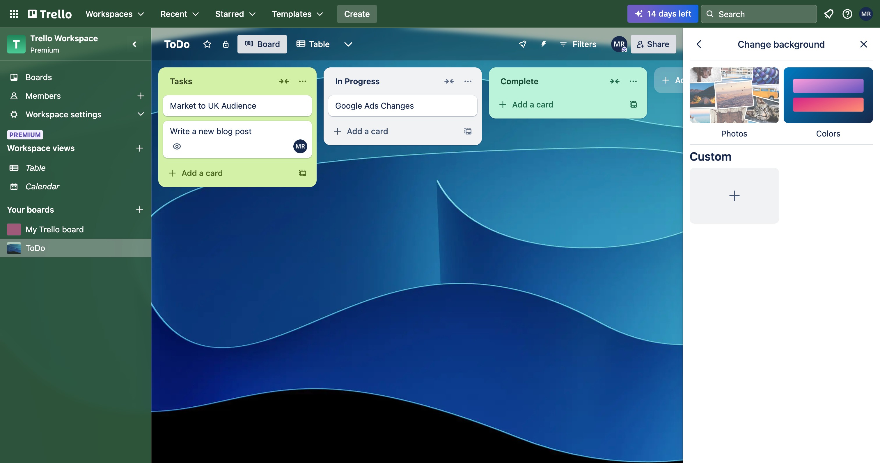 Trello background picker showing color swatches