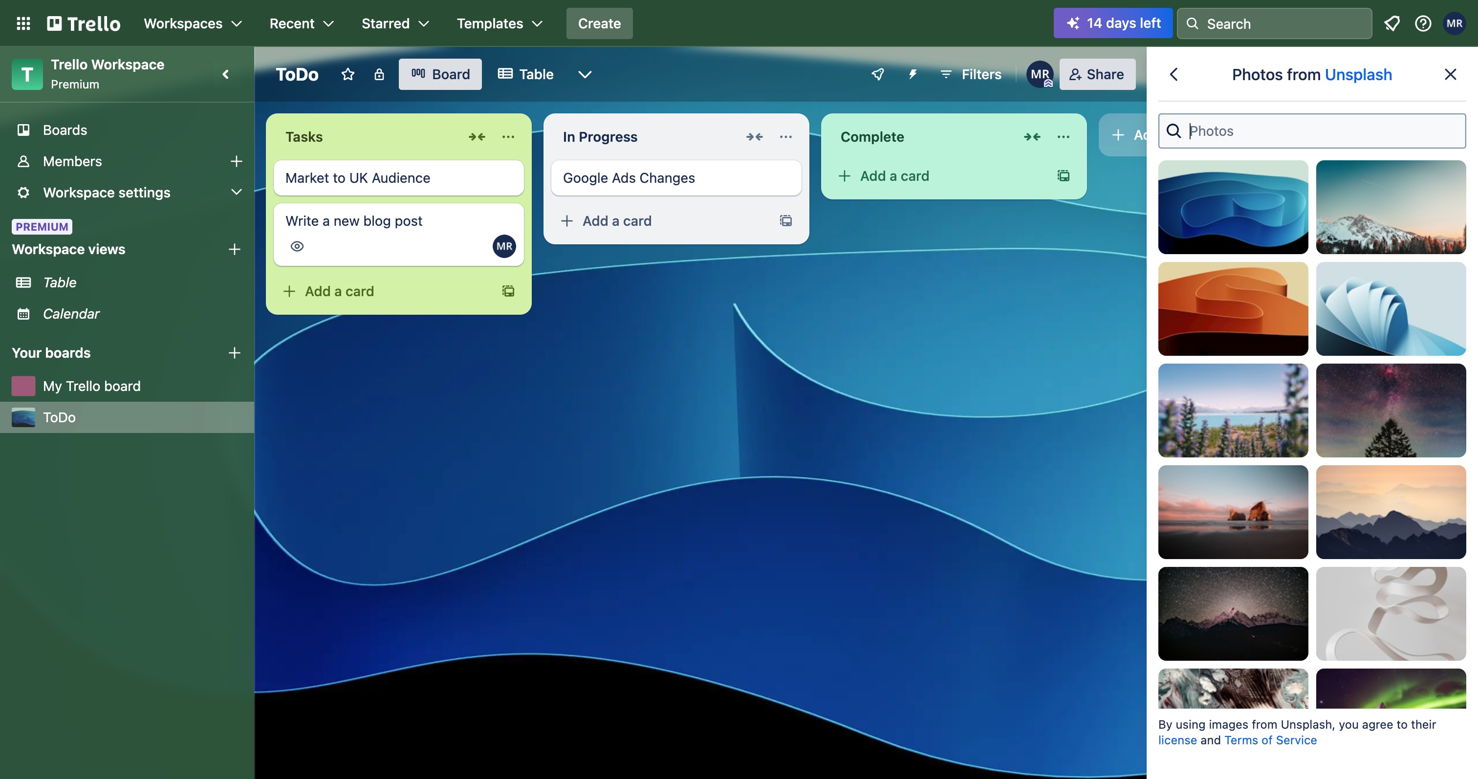 Trello board with a light grey background applied