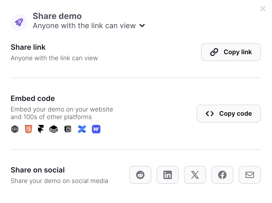 Arclet sharing screen for publishing an interactive demo