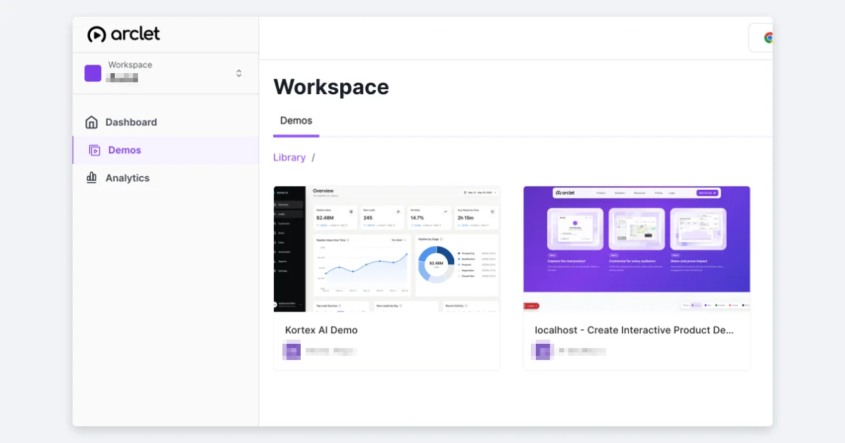 The same demo library with the workspace name and both author names pixelated so they cannot be read