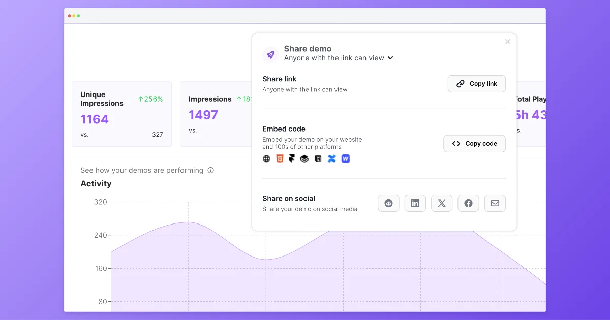 The share dialog screenshot inside a light browser window with rounded corners and a soft shadow on a purple gradient